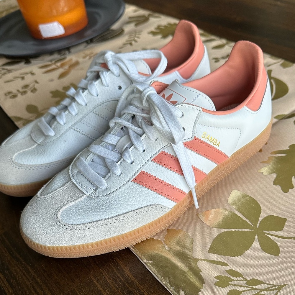 Adidas Samba White and Coral Sneakers